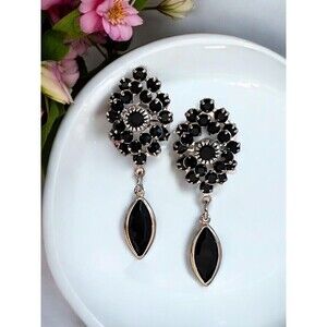 Vintage Statement Earrings Silver Prong Set Black Crystal Drop Designer 13J